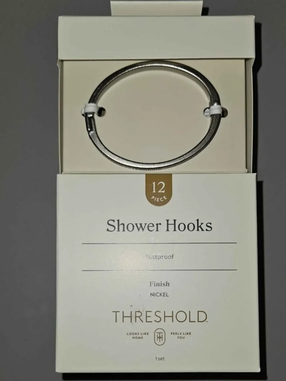 New Threshold Oval nickel finish shower hooks. Set of 12